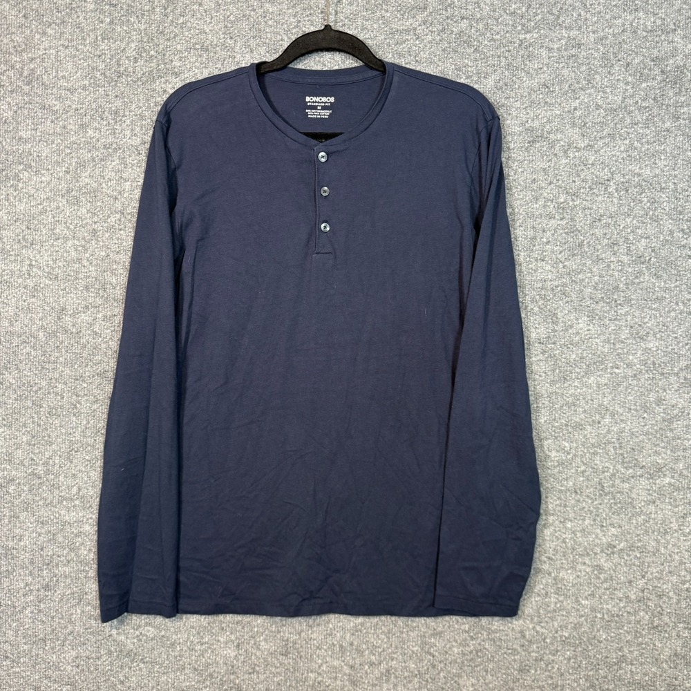 Bonobos Shirt Mens Medium Blue Henley Long Sleeve Tshirt Pima Cotton Standard